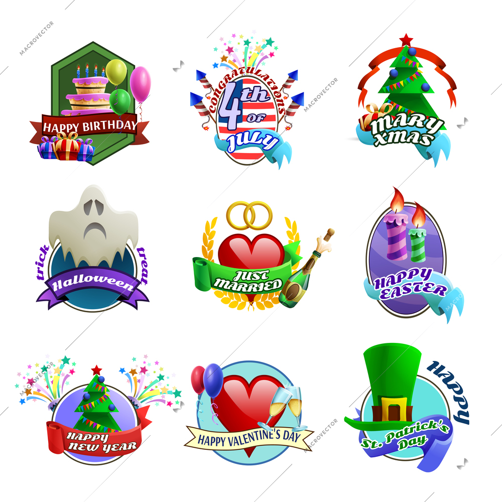 Season holidays weddings celebration and birthday parties colorful cartoon style emblems for invitations and greetings isolated vector illustrations