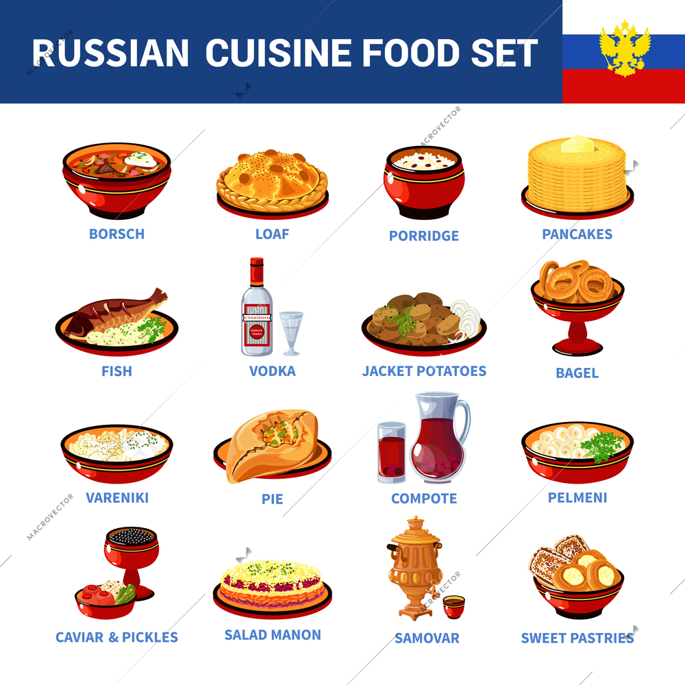 Russian national food dishes flat icons set with porridge pancakes borsch and vodka abstract isolated vector illustration