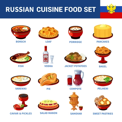 Russian national food dishes flat icons set with porridge pancakes borsch and vodka abstract isolated vector illustration