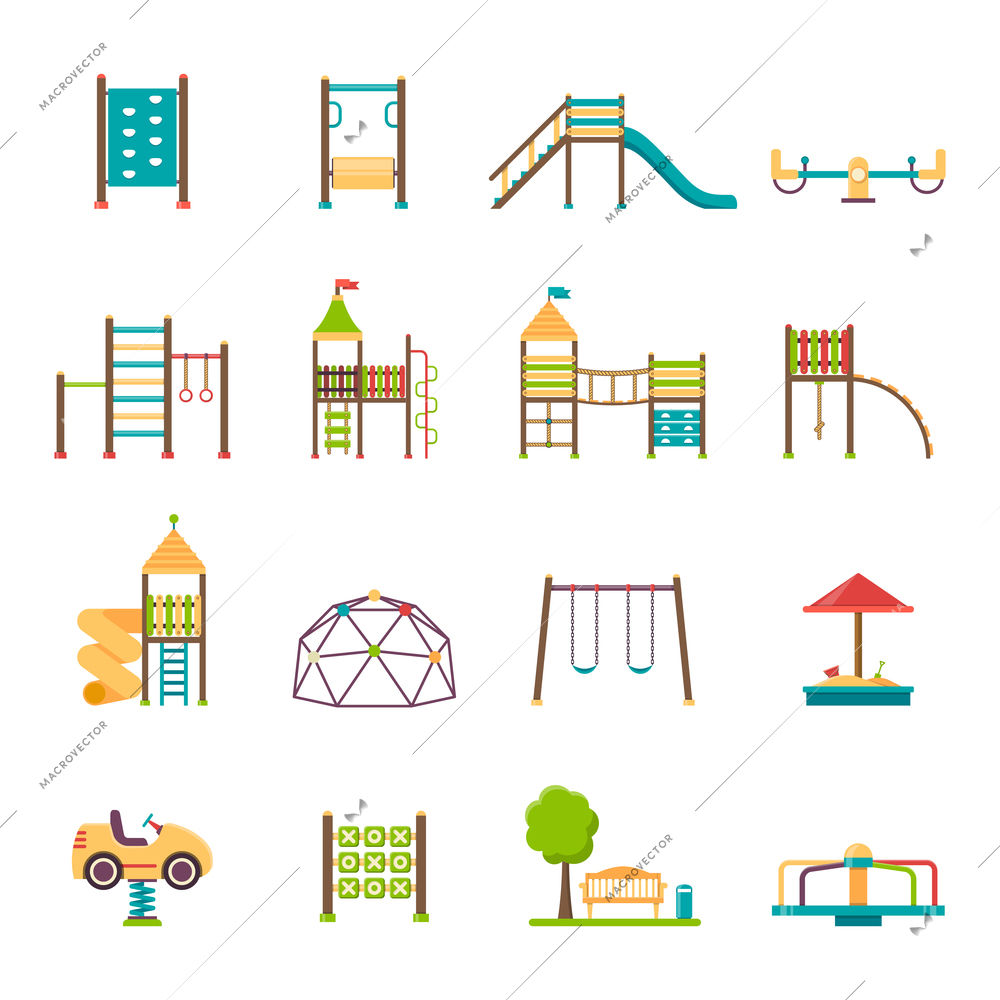 Playground flat icons set with swing carousels slides and stairs isolated vector illustration