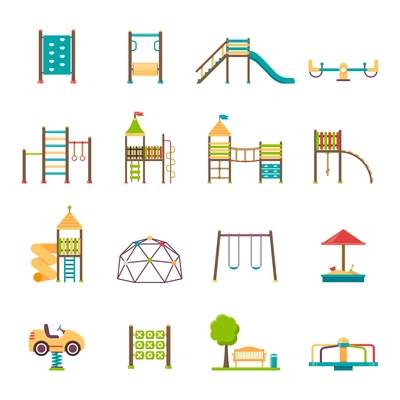 Playground flat icons set with swing carousels slides and stairs isolated vector illustration