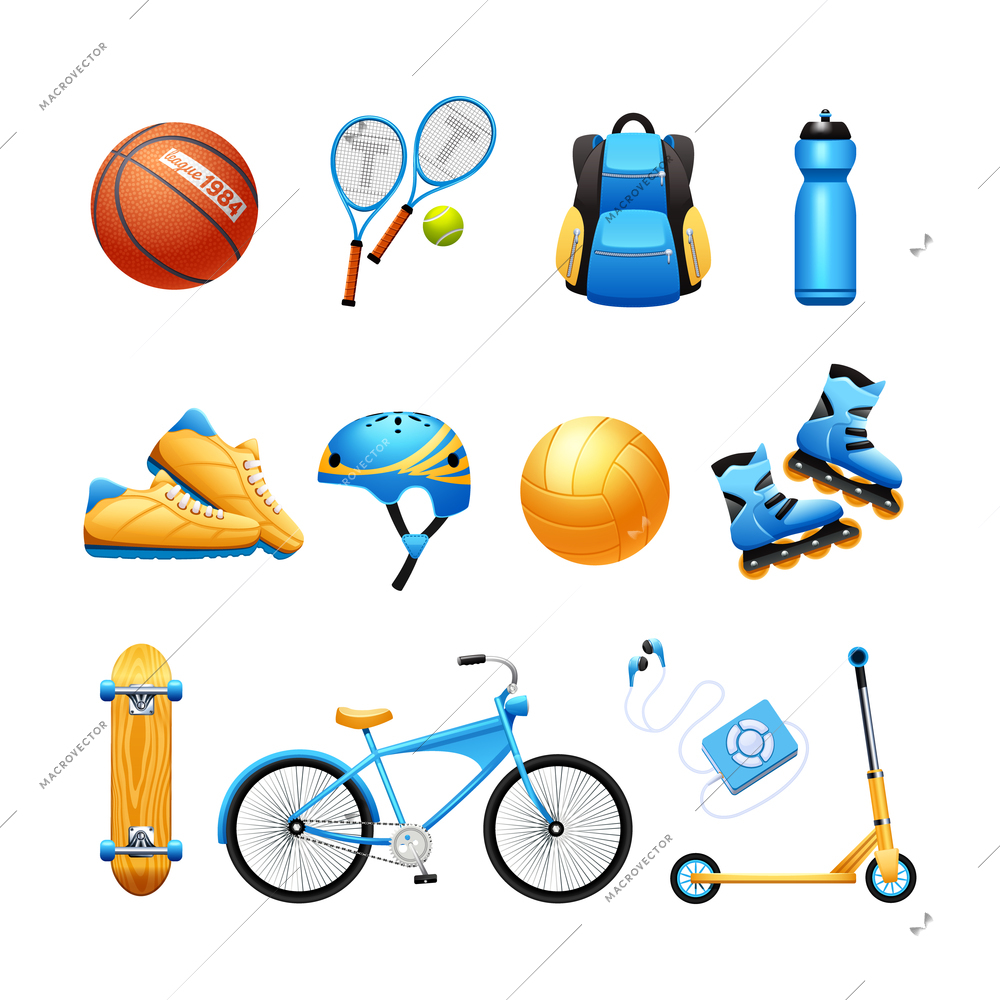 Summer outdoor activities sport equipment flat icons collection with tennis rackets and bicycle abstract isolated vector illustration