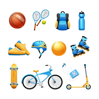 Summer outdoor activities sport equipment flat icons collection with tennis rackets and bicycle abstract isolated vector illustration