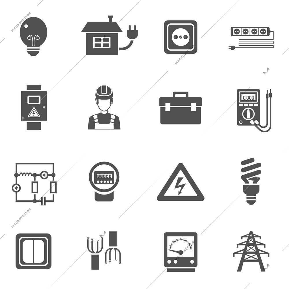 Electricity black white icons set with power and energy symbols flat isolated vector illustration