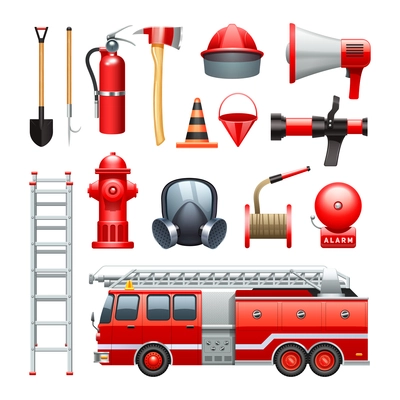 Firefighter tools equipment and engine red realistic icons collection with water house and extinguisher abstract vector illustration