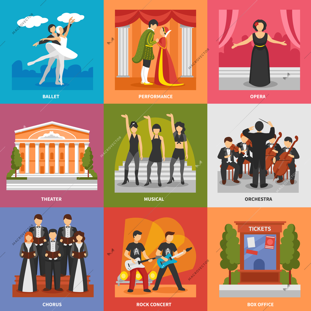 Theatre compositions 3x3 design concept with chorus musical rock concert opera ballet orchestra flat vector illustration