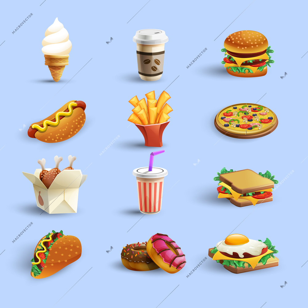 Fast food restaurant menu icons collection with donut hotdog coffee and cheeseburger abstract color isolated vector illustration