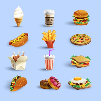 Fast food restaurant menu icons collection with donut hotdog coffee and cheeseburger abstract color isolated vector illustration