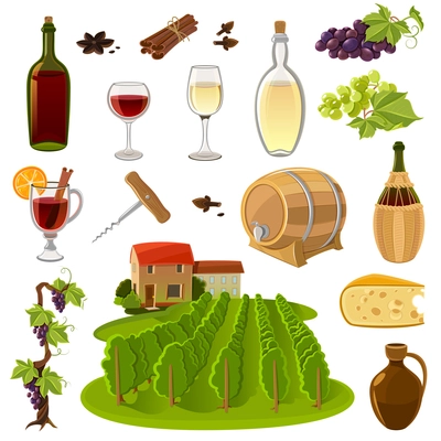 Wine production and use process elements cartoon isolated icons set vector illustration