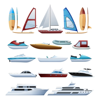 Motor boats catamaran windsurfer and sailboat various types of water transport flat icons set abstract isolated vector illustration