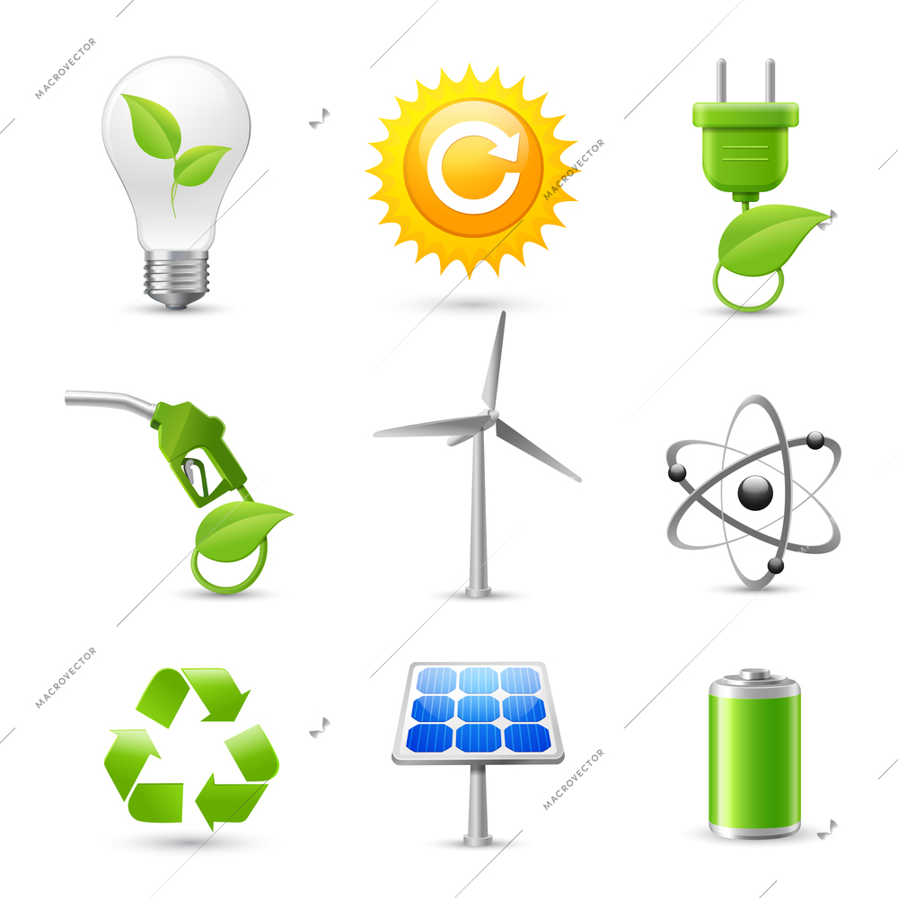 Realistic energy and ecology icons set with fossil gas solar panel and windmill decorative elements isolated vector illustration