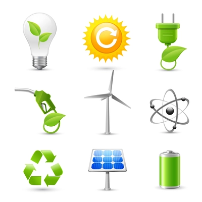 Realistic energy and ecology icons set with fossil gas solar panel and windmill decorative elements isolated vector illustration