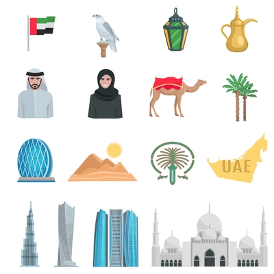 United arab emirates flat Icons with symbols of state and cultural objects isolated vector illustration