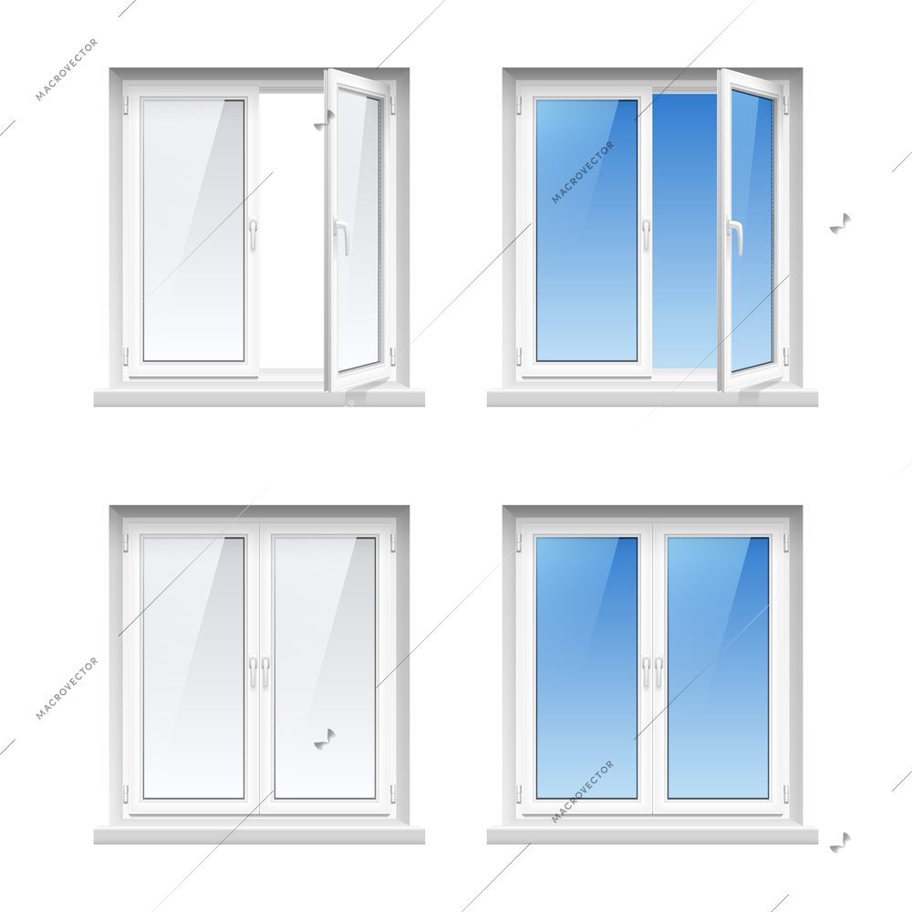 Energy cost saving easy to care plastic pvc window frames 4 realistic icons set isolated vector illustration