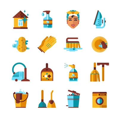 Housekeeping accessories and equipments cleaning washing ironing flat icons set on white background abstract isolated vector illustration