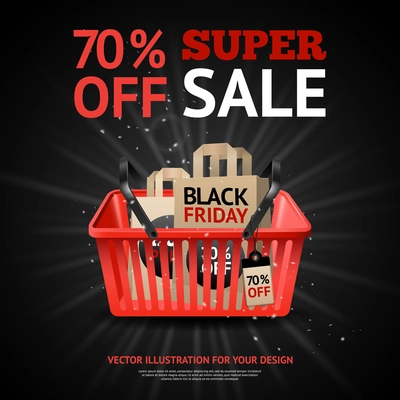 Black friday sale advertisement with title and purchases in red market basket on black background vector illustration