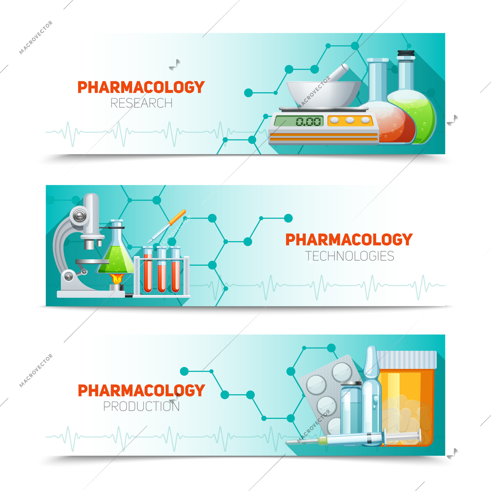 Pharmacology scientific research technologies and production 3  horizontal banners set with molecule structure abstract isolated illustration vector