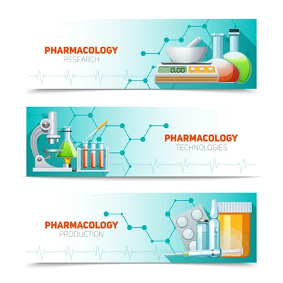 Pharmacology scientific research technologies and production 3  horizontal banners set with molecule structure abstract isolated illustration vector