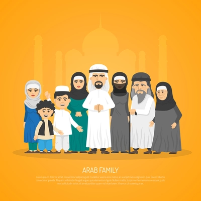 Poster presenting arab family from grandparents to kids in traditional arabic clothing cartoon vector illustration