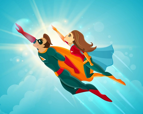 Super heroes couple man and woman flying together in blue sky vector illustration