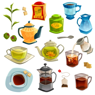 Icons set with kinds of tea brewing methods and accessories for tea isolated on white background vector illustration