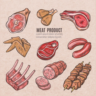 Meat products color sketches set in vintage style with skewers pork ribs chicken wings steaks and sausages vector isolated illustration