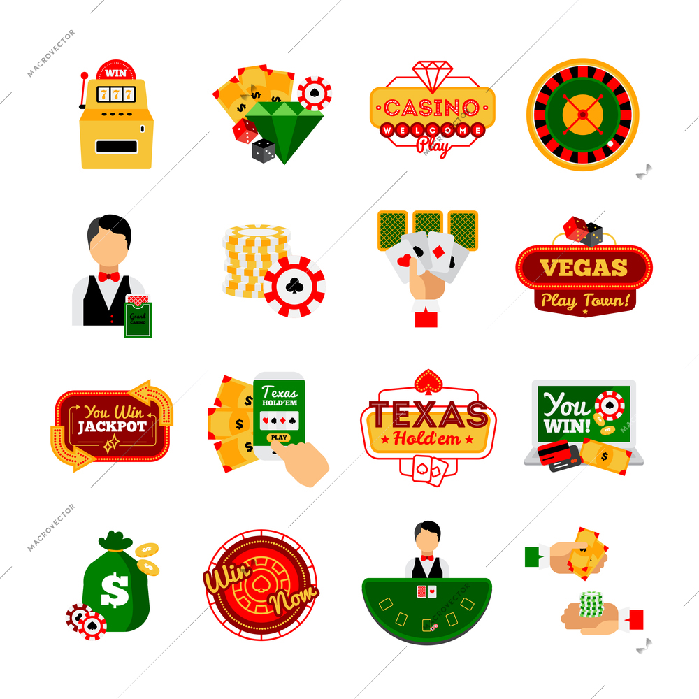 Casino decorative isolated icon set with different elements of playing process vector illustration