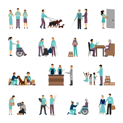 Volunteers set with people helping seniours social support flat icons isolated vector illustration