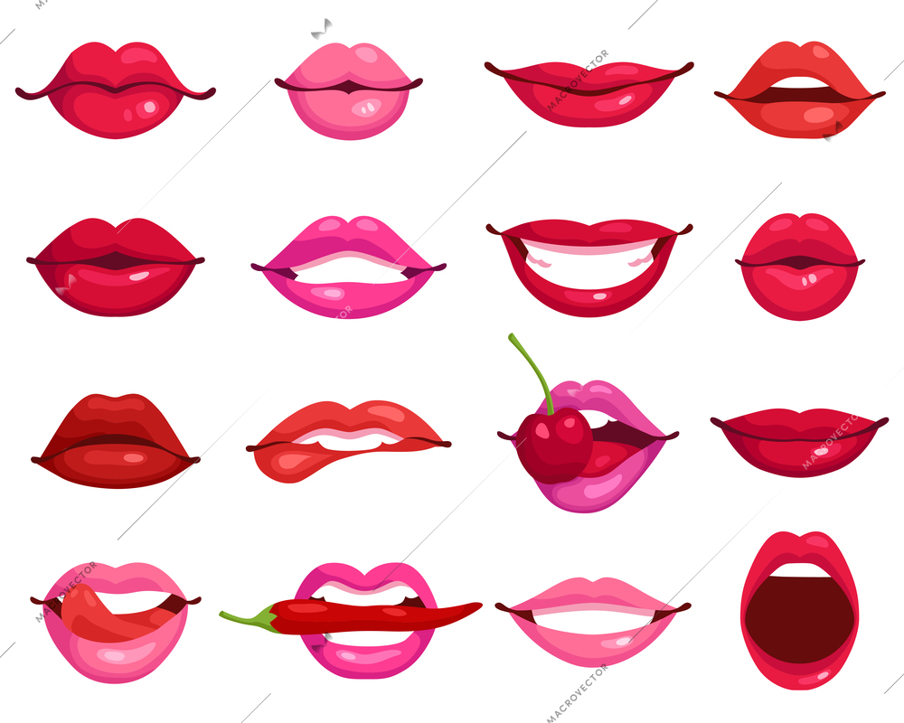 Red and rose kissing and smiling cartoon lips isolated decorative icons for party presentation vector illustration