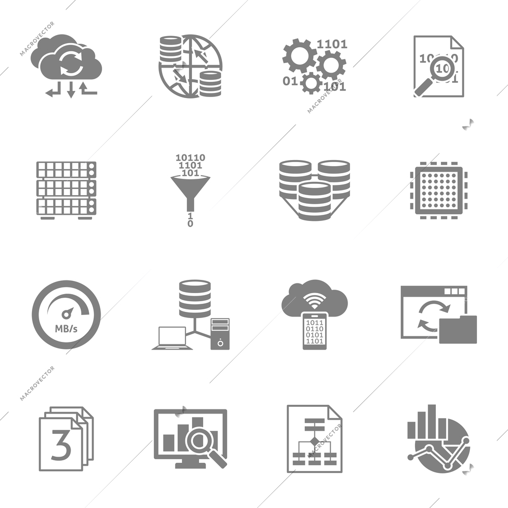 Information data analytics and processing black icons set with cloud storage service abstract isolated vector illustration