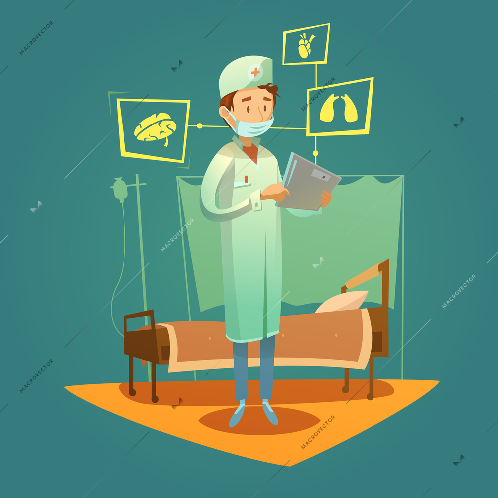 Doctor and high tech healthcare online diagnosis in the hospital ward vector illustration