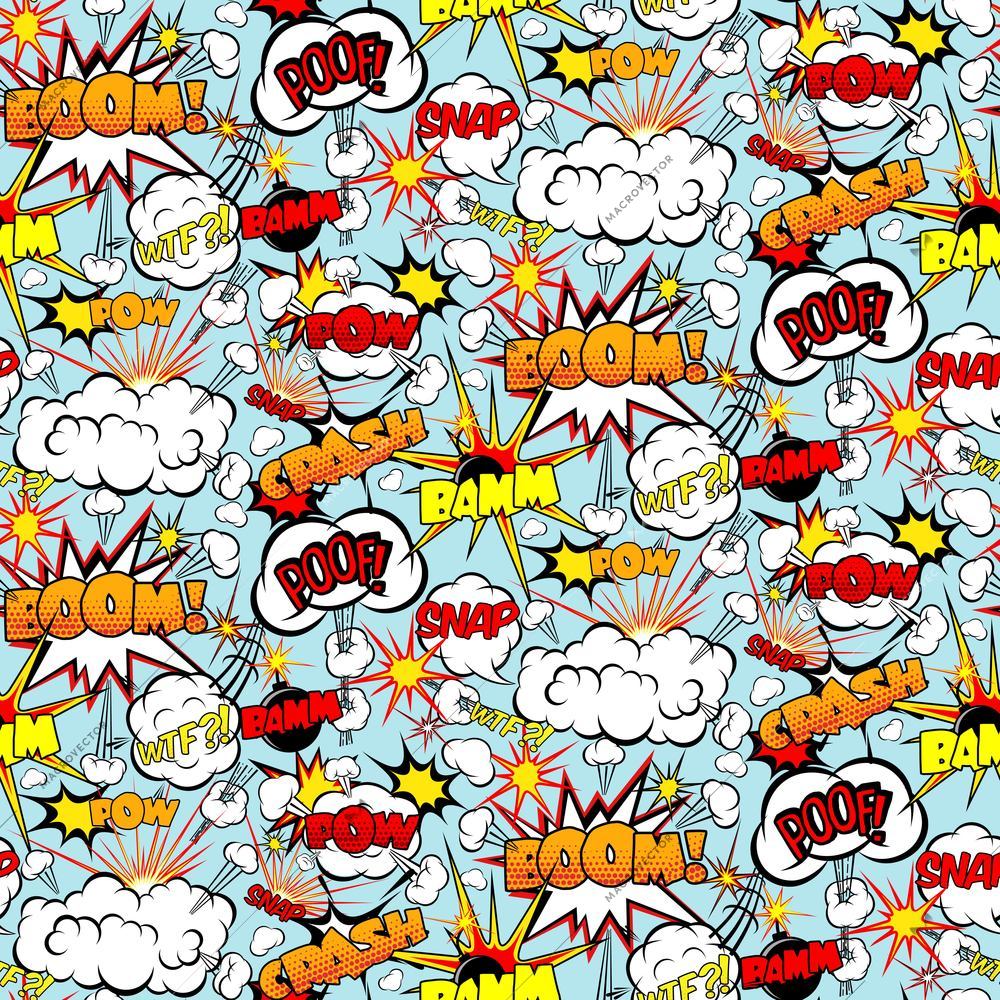 Comic seamless pattern with colorful speech bubbles and bombs vector illustration