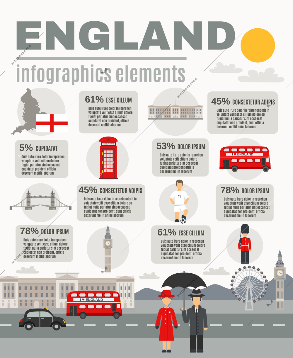 English culture weather traditions sightseeing and tourists attractions information text with infographic elements layout banner print vector illustration