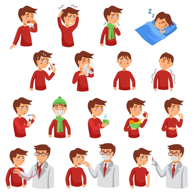 Flu illness cartoon icons with unhealthy people and doctors helping diseased patients flat vector illustration