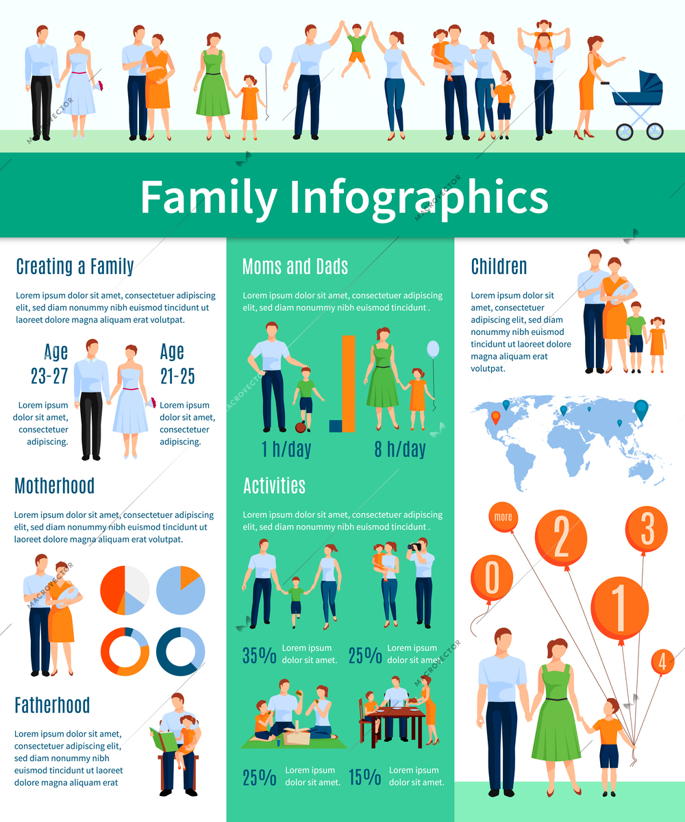 Family infographic set with motherhood and fatherhood symbols flat vector illustration