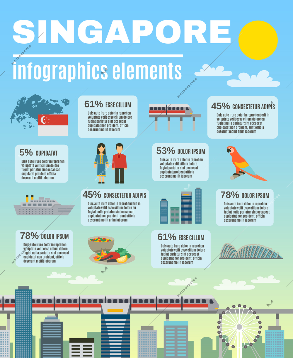 Singapore cultural information for travelers Infographic presentation with historical landmarks and cityscape view abstract vector illustration