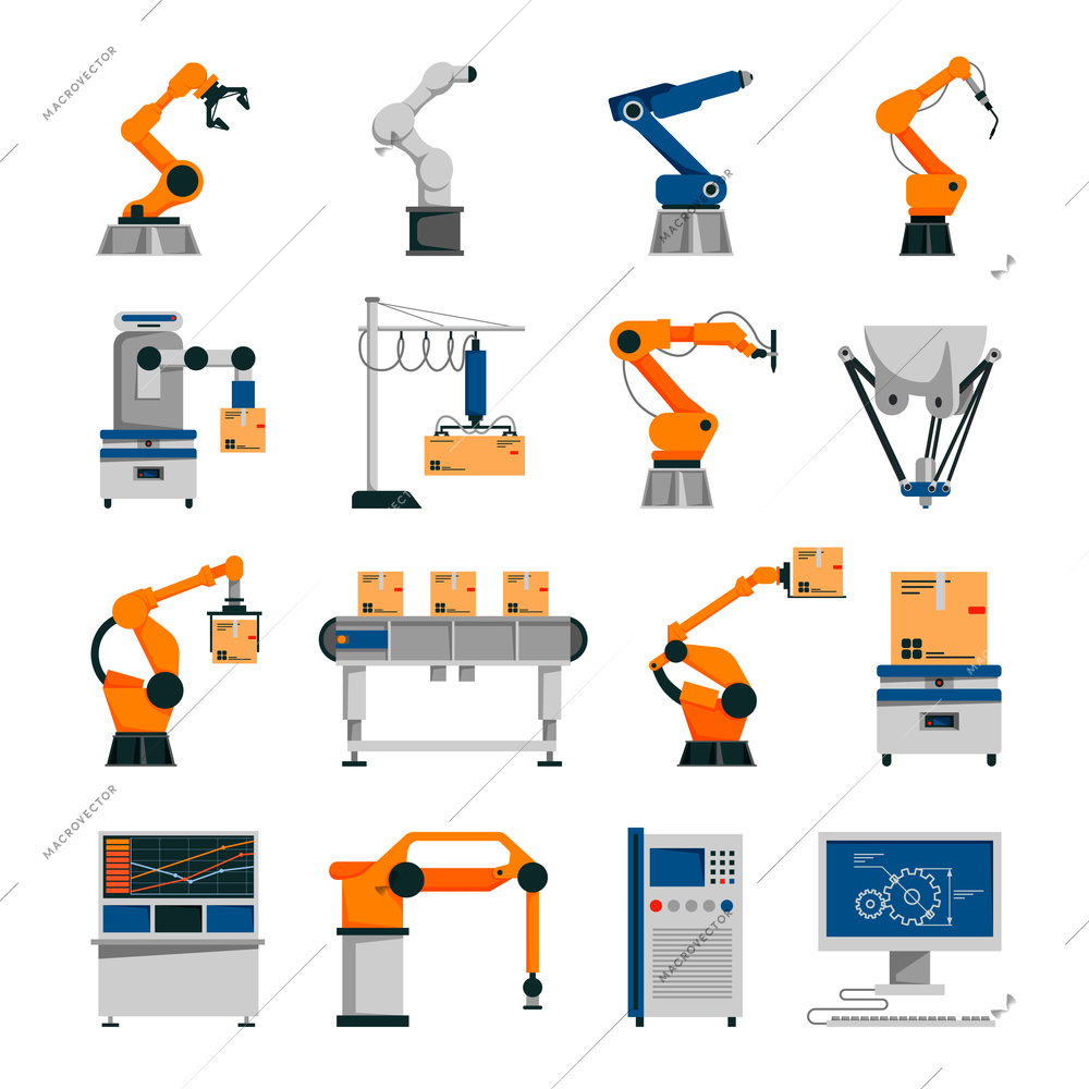 Automation icons set with robot and conveyor symbols flat isolated vector illustration