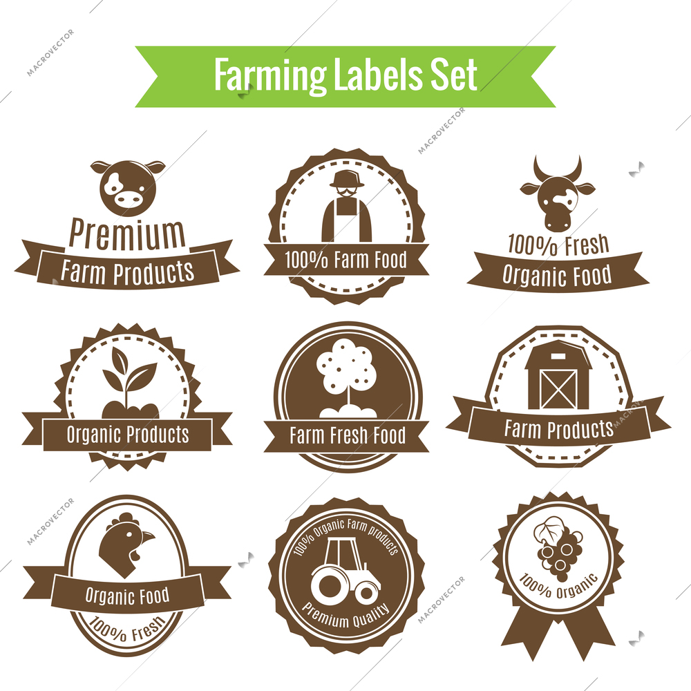 Farming harvesting and agriculture badges or labels set on white background isolated vector illustration