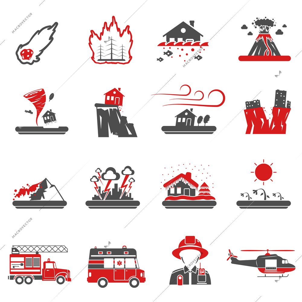 Natural disasters red black icons set with drought hazard and earth quake symbols abstract isolated vector illustration