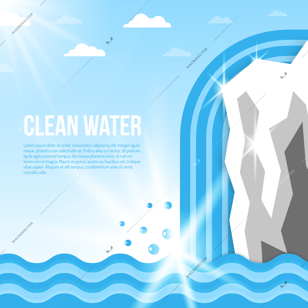 Clean water background with glacier with waterfall and ocean waves flat vector illustration