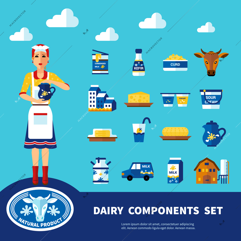 Dairy components set with icons of different natural products of milk and farm objects isolated vector illustration