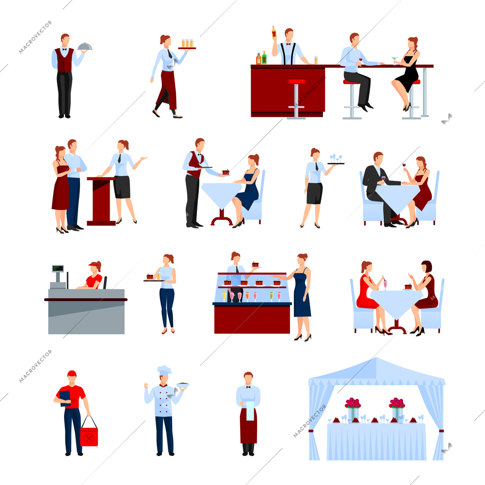 Catering in the restaurant icons set with tables and waiters flat isolated vector illustration
