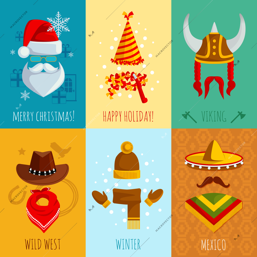 Merry christmas happy holiday viking wild west winter and mexico hats and accessories flat mini posters vector illustration