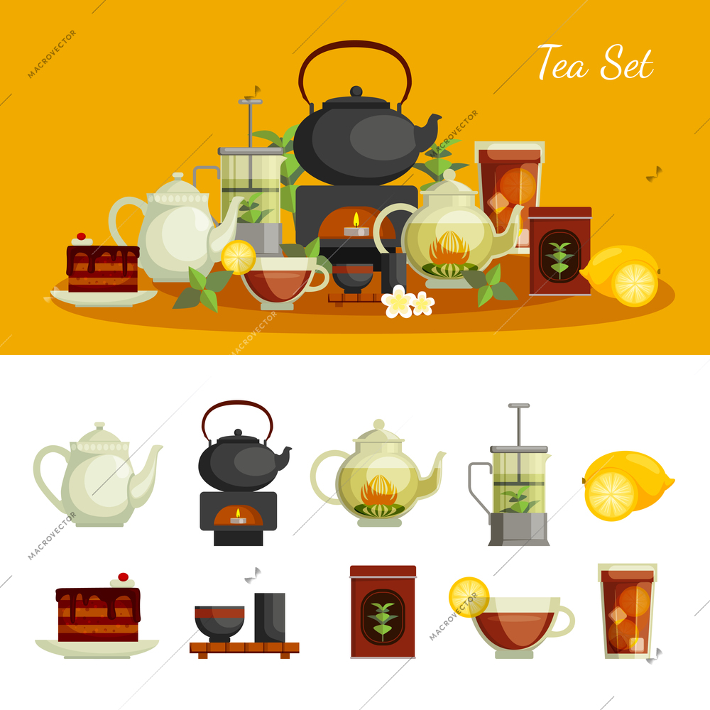 Tea icons set with lemon sugar and cake flat isolated vector illustration