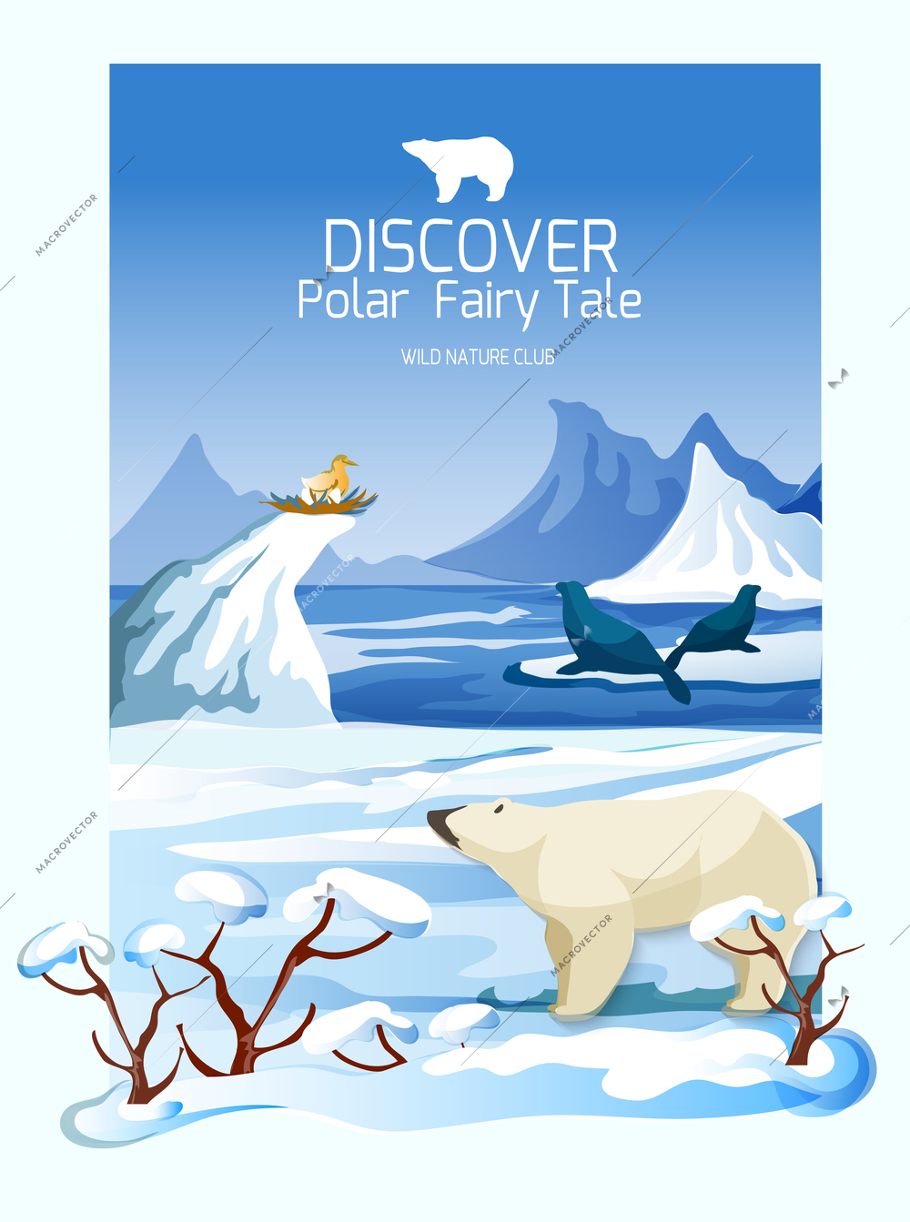 Northern wildlife landscape poster with polar bear and icy mountain range peaks background print abstract vector illustration