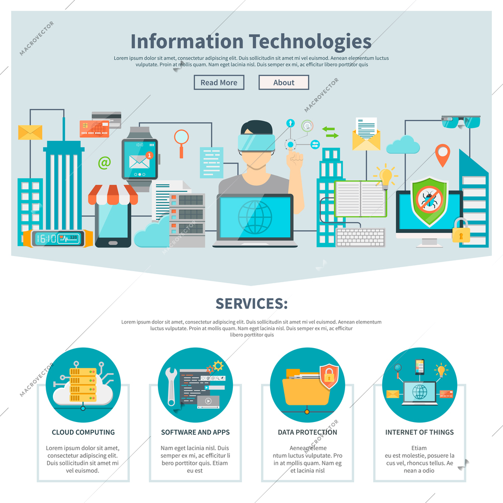 Information technologies one page website with digital equipment software internet services vector illustration