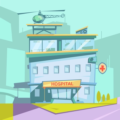 Hospital building retro cartoon with helicopter and transparent windows vector illustration