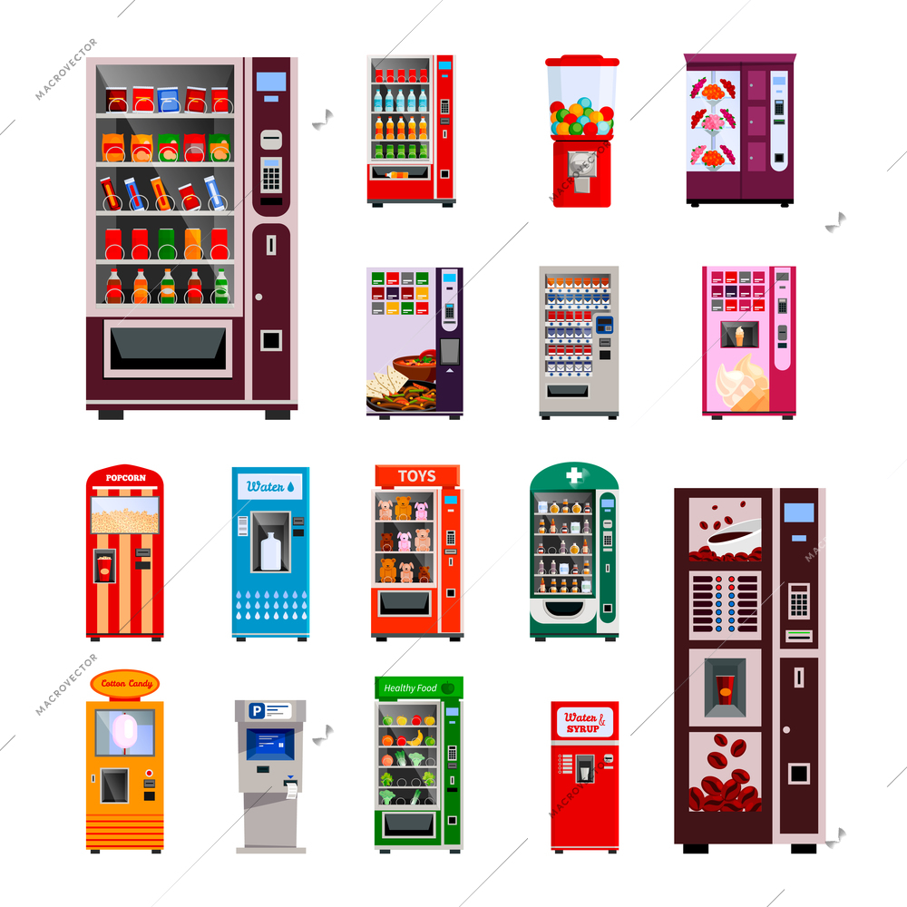 Vending machines icons set with toys water and coffee machines flat isolated vector illustration