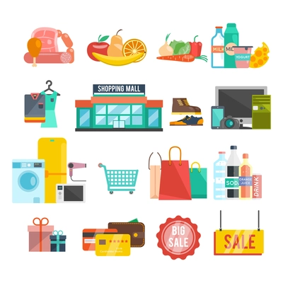 Shopping center flat icons set with food home appiances and goods isolated vector illustration