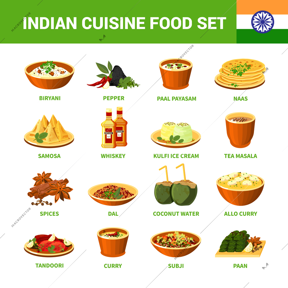 Indian cuisine food set with different dishes spices and drinks isolated vector illustration